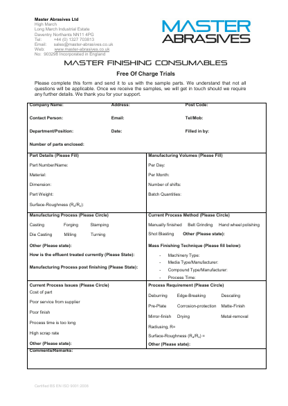 Finishing Consumables Trial Sheet