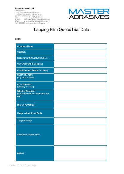 Lapping Film Trial Data Sheet