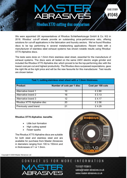 Rhodius XT70 cutting disc comparison - Case Study 1048 