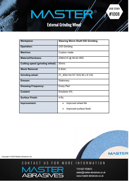 External Grinding Wheel - Steering Worm Shaft OD Grinding - Case Study 1008 