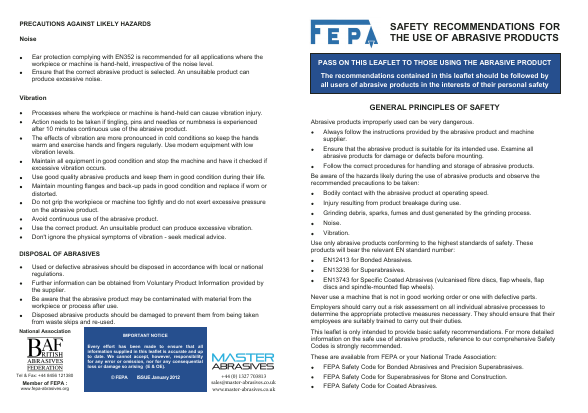 Safety recommendations for the use of abrasive products