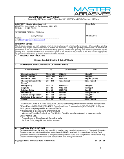 Master Cut-Off Wheels MSDS