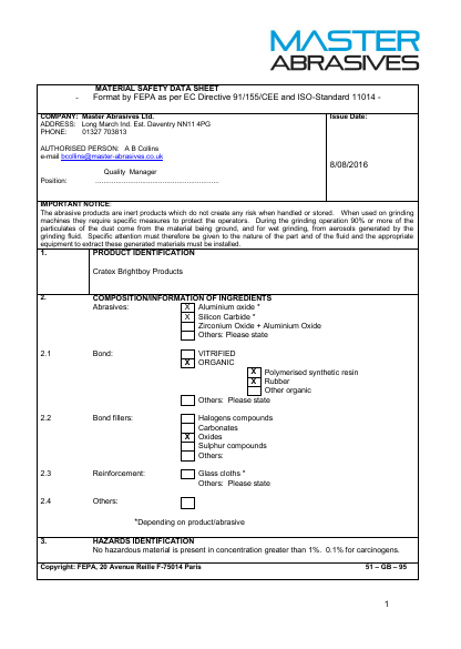 Cratex BrightBoy Products MSDS