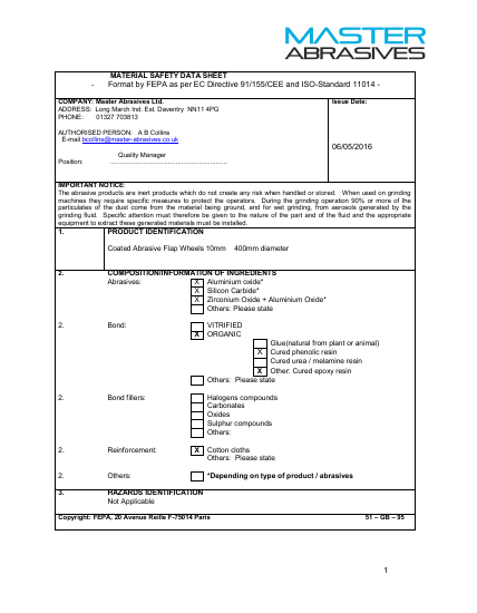 Master Flap Wheels MSDS