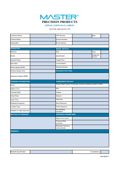 Master Precision Products Application Data Sheet